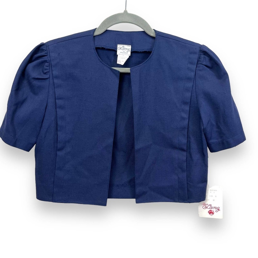 Lanz Original Jacket Womens 4 Petite Blue Cropped Open Front Short Sleeve VTG